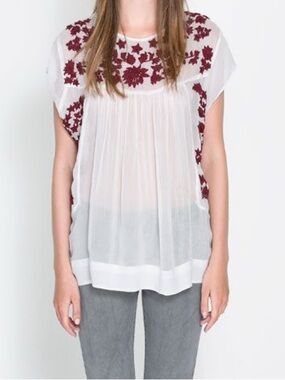 Zara Embroidered Floral Bohemian Cotton Peasant Blouse Size Medium